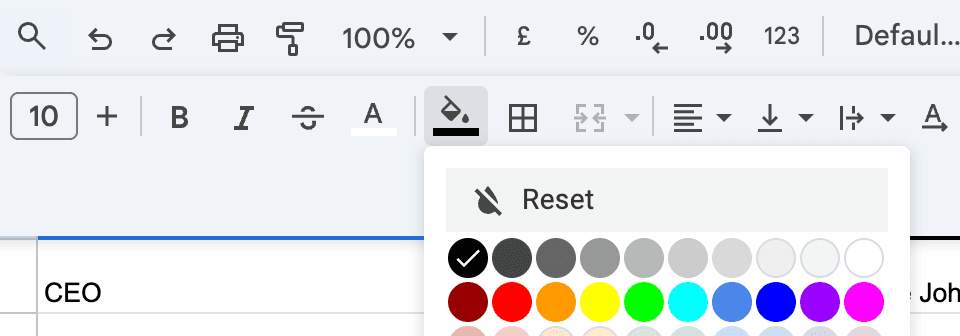 Changing header color in Google Sheets